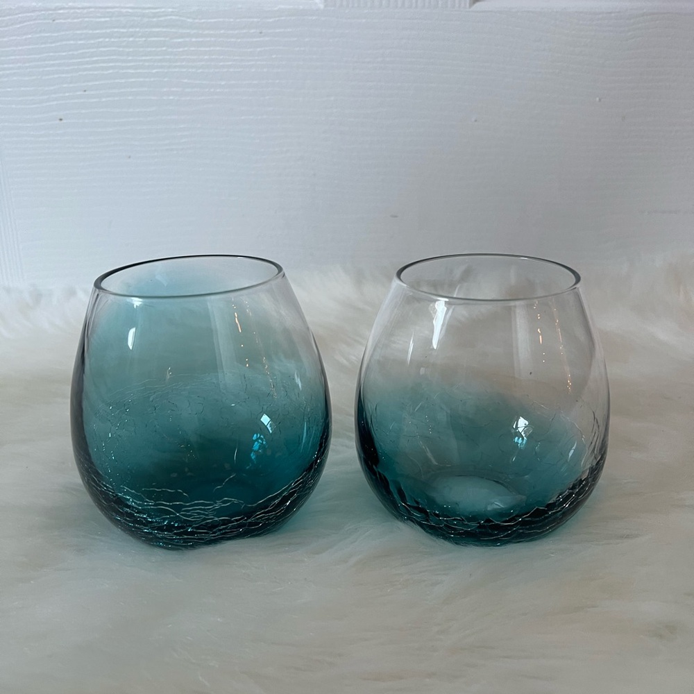 Pier 1 Set of Teal Blue Crackled Stemless Wine Glasses